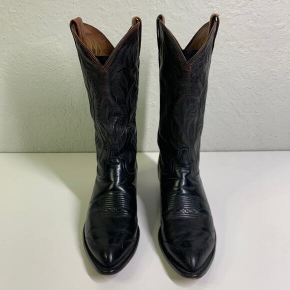 TONY LAMA‎ Boots Vintage 9.5 D Black Cowboy Calf Leather w/Lizard Wingtip CY3505 - Picture 3 of 9